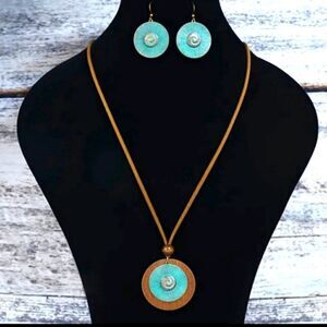 Vintage Wood Round Bronze Alloy Double Layer Pendant & Earrings Set